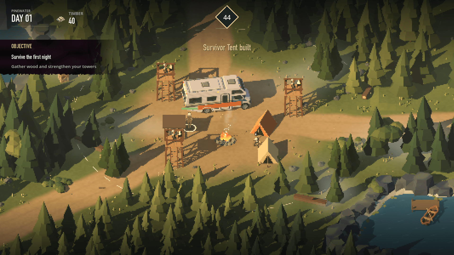 Pinewater by day — the camp built up: watchtowers, a tent, the RV and the fire