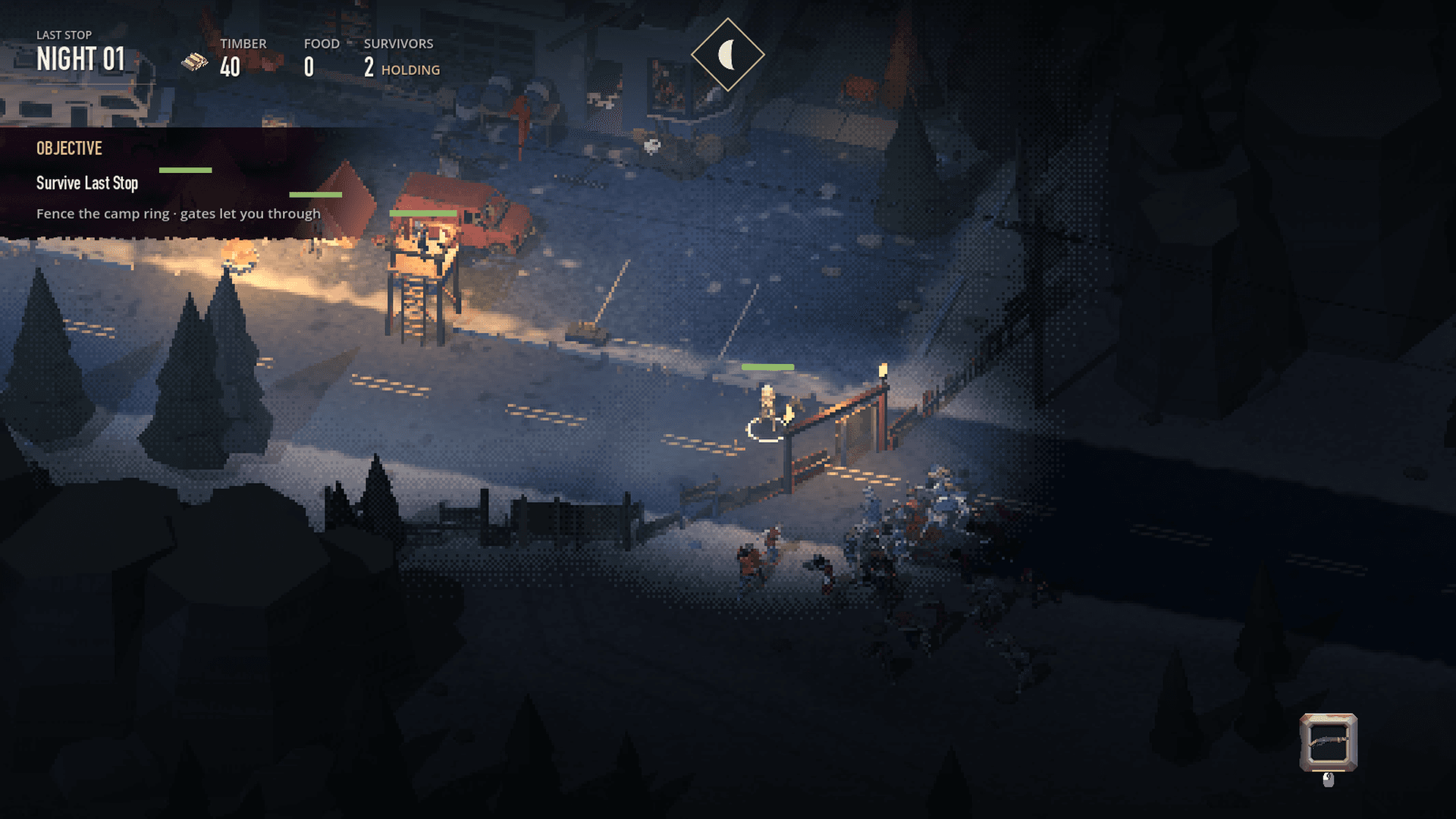 the torch-lit east gate at night — pump shotgun, horde piling in