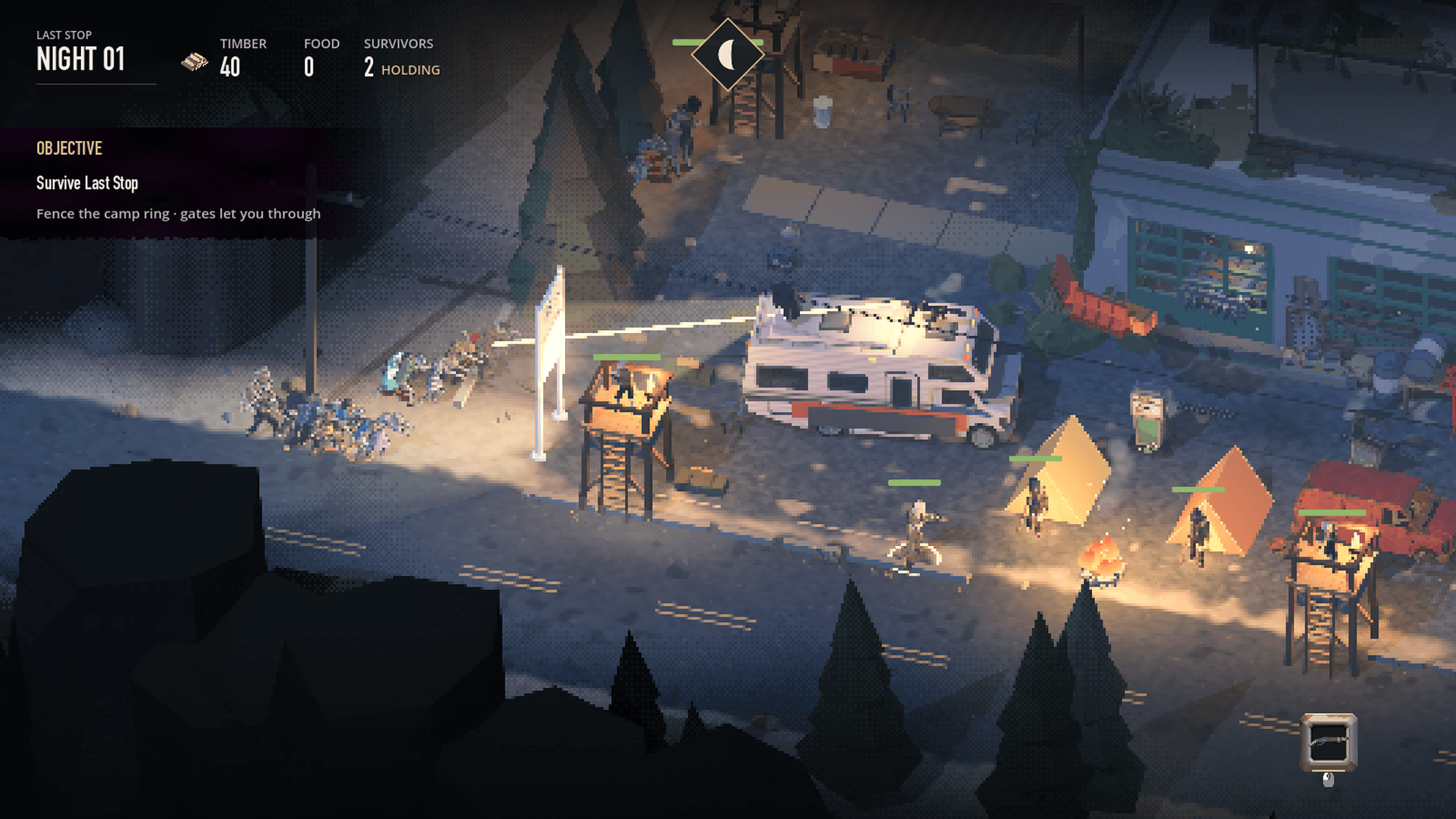 the RV’s floodlight and roof gun on the horde