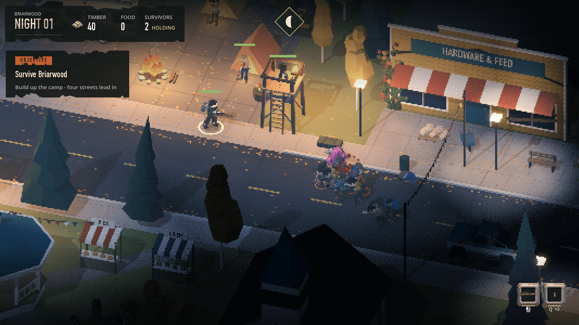 the Bloater in pink, its pack behind it, walking into the camp’s light