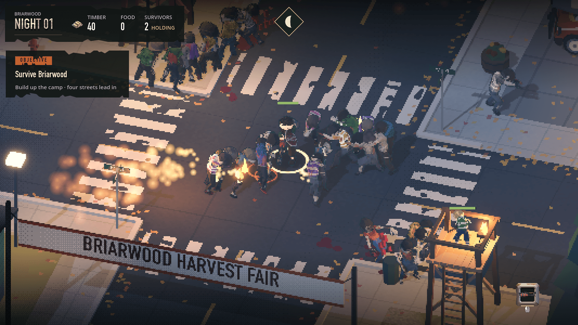 surrounded at the Harvest Fair crossroads: the flamethrower and the sign shield, up close