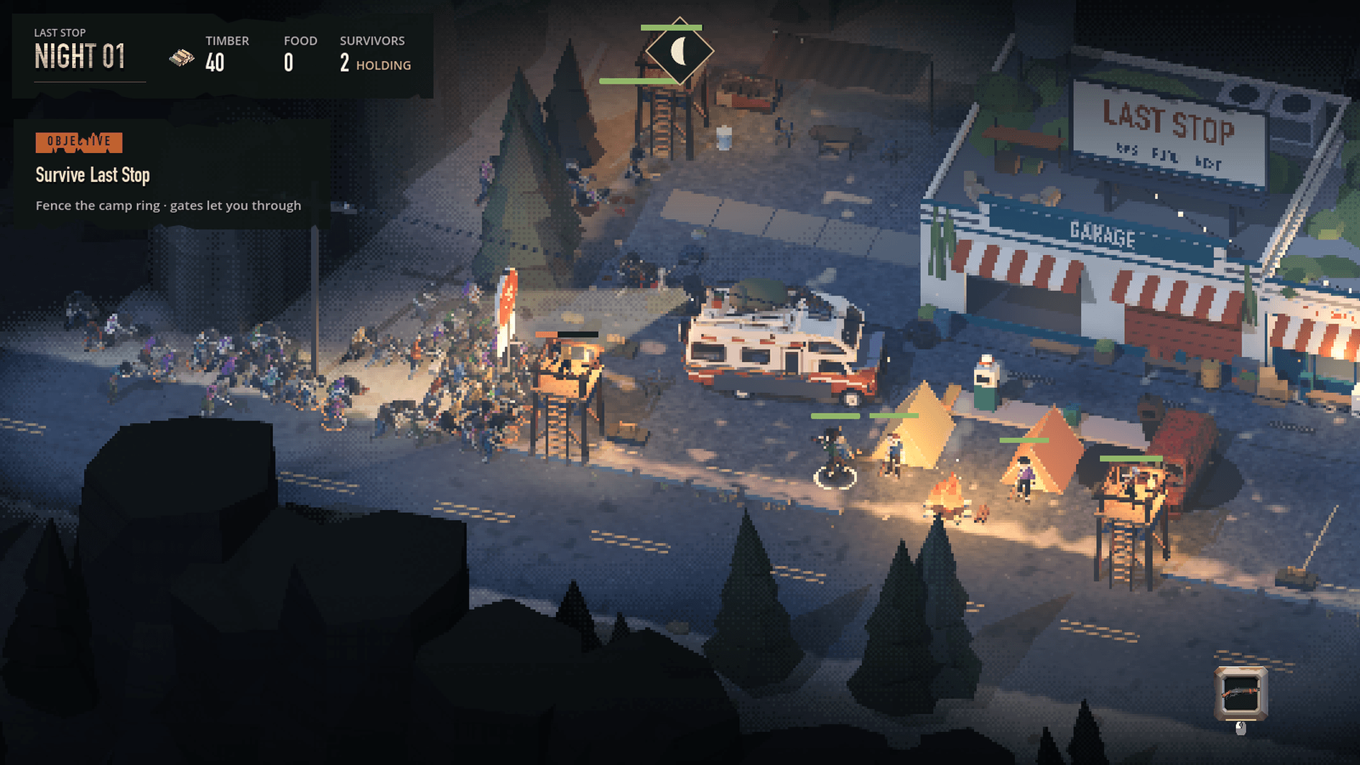 Last Stop at night — a huge horde floods up the road into the RV’s floodlight
