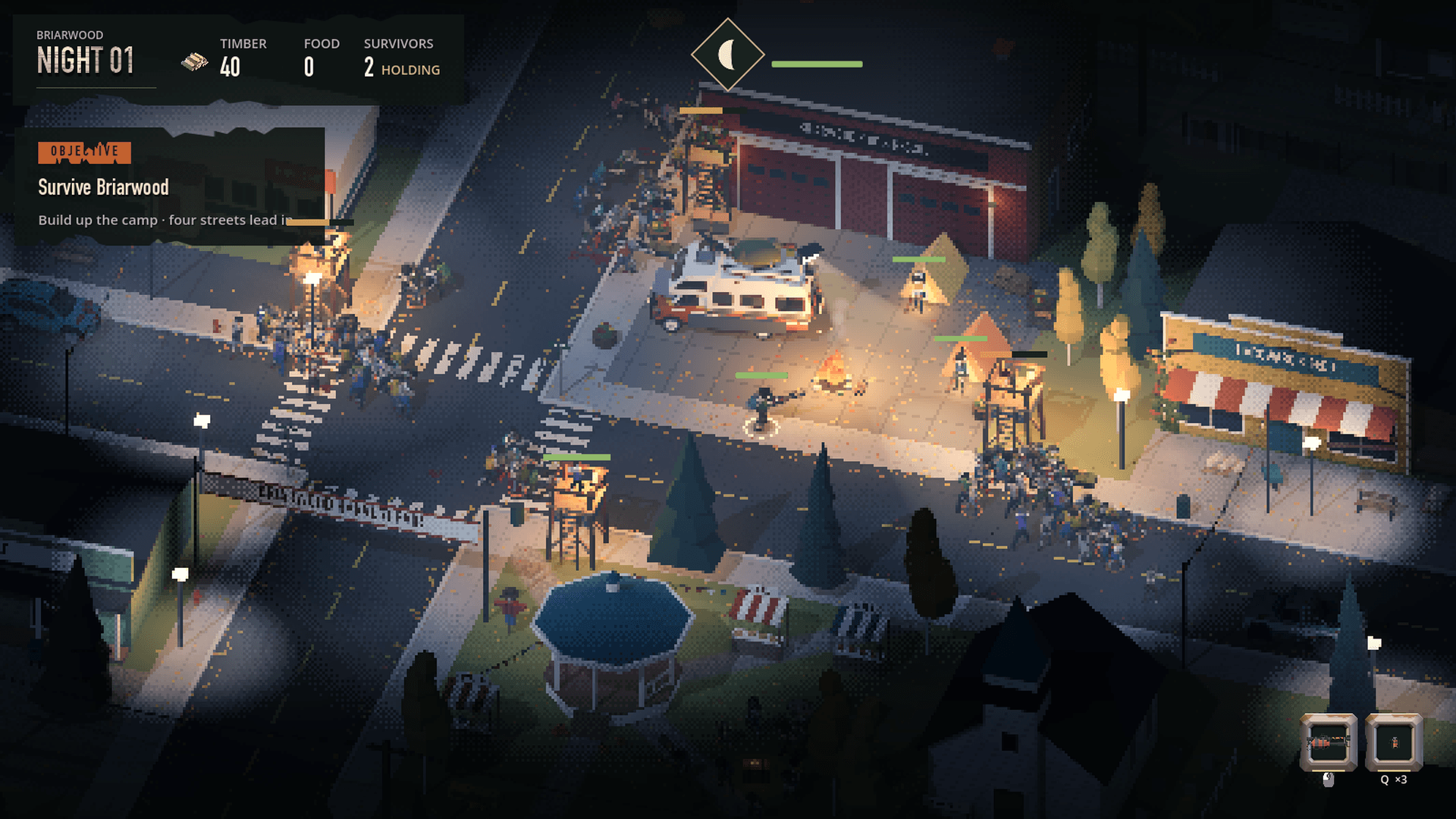 Briarwood at night — the horde pours down three streets into the town camp