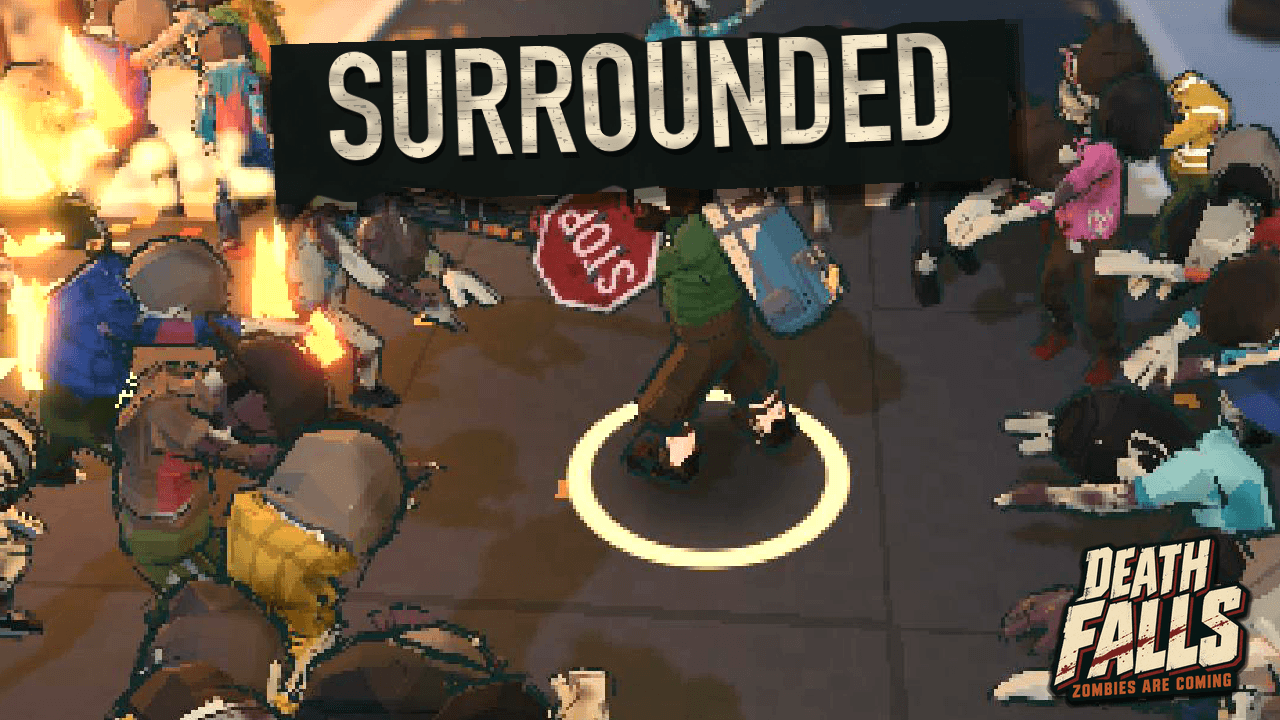 SURROUNDED — the survivor ringed by the horde, flamethrower going