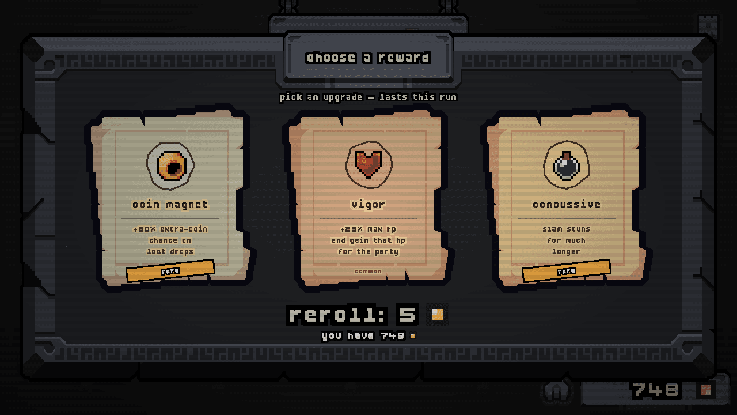 the reward draft — two cards, one keeper, a reroll if you can pay