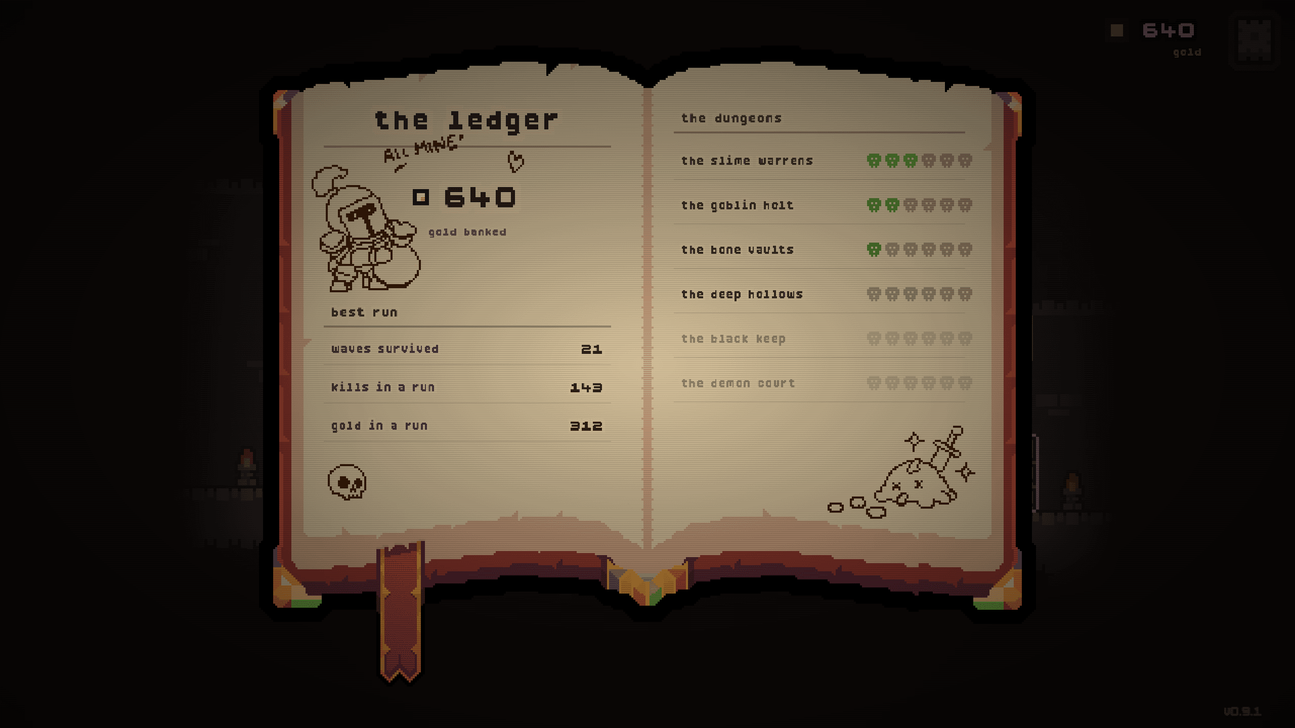 the ledger: gold banked, best run, and how far each dungeon has been pushed